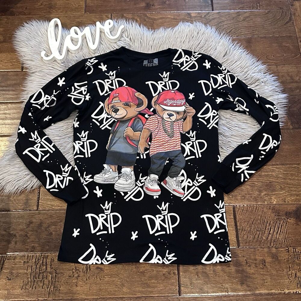 OG Legend Mens Shirt Black Long Sleeve Teddy Bear Drip Graphic Size Medium